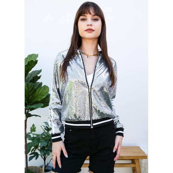 Brand New Women Gray Polyester ANNA-KACI Sequin Bomber Jacket Long Sleeve - Picture 5 of 7